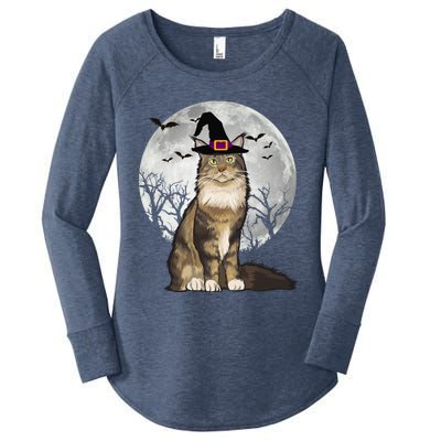 Scary Maine Coon Cat Witch Hat Halloween Gift Women's Perfect Tri Tunic Long Sleeve Shirt