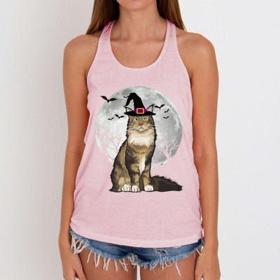 Scary Maine Coon Cat Witch Hat Halloween Gift Women's Knotted Racerback Tank