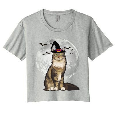 Scary Maine Coon Cat Witch Hat Halloween Gift Women's Crop Top Tee