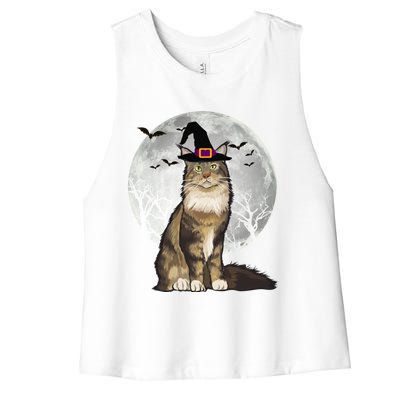 Scary Maine Coon Cat Witch Hat Halloween Gift Women's Racerback Cropped Tank