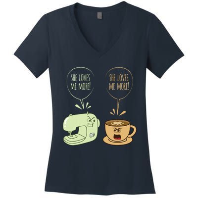 Sewing Machine Coffee Funny Sew Quilting Seamstress Sewer Women's V-Neck T-Shirt