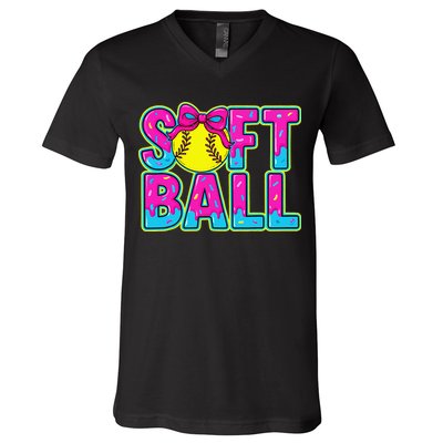 Softball Mama Drip Ice Cream Baseball Drip Game Day V-Neck T-Shirt
