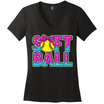 Softball Mama Drip Ice Cream Baseball Drip Game Day Women's V-Neck T-Shirt