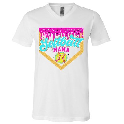 Softball Mama Drip Ice Cream Dripping Game Day Softball Mom V-Neck T-Shirt