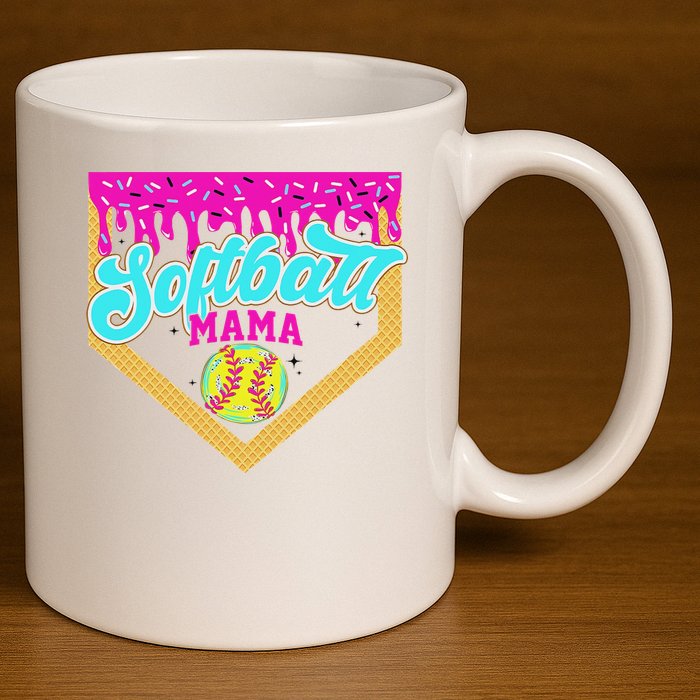 Softball Mama Drip Ice Cream Dripping Game Day Softball Mom 11oz C Handle Ceramic Mug