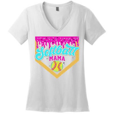 Softball Mama Drip Ice Cream Dripping Game Day Softball Mom Women's V-Neck T-Shirt