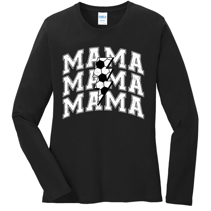 Soccer Mama Distressed Lightning Bolt Mom Ladies Long Sleeve Shirt