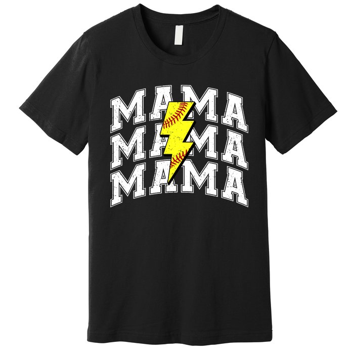 softball Mama Distressed Lightning Bolt Mom Premium T-Shirt