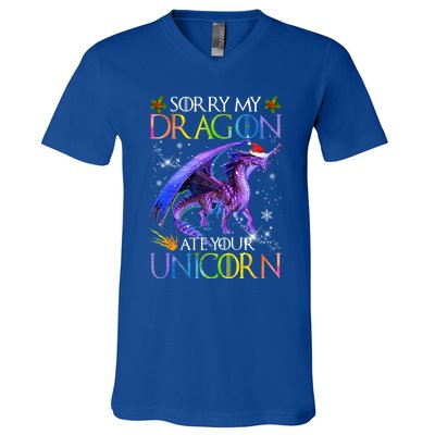 Sorry My Dragon Ate Your Unicorn Christmas Dragon Xmas Gift V-Neck T-Shirt