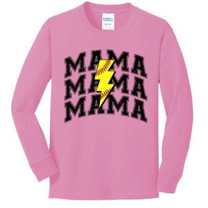 Softball Mama Distressed Lightning Bolt Mom Kids Long Sleeve Shirt