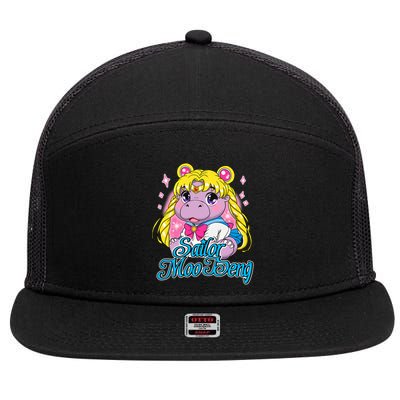 Sailor Moo Deng Funny Hippo Moo Deng Cute 7 Panel Mesh Trucker Snapback Hat