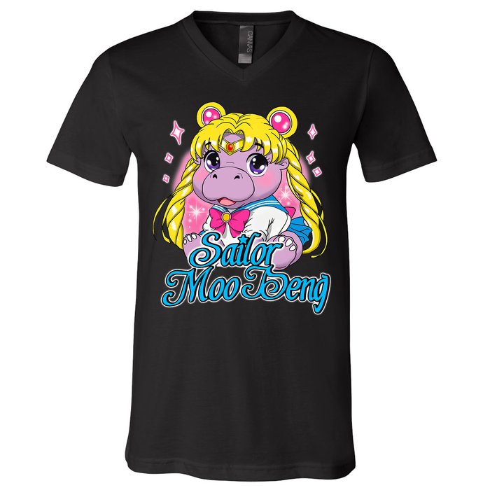 Sailor Moo Deng Funny Hippo Moo Deng Cute V-Neck T-Shirt