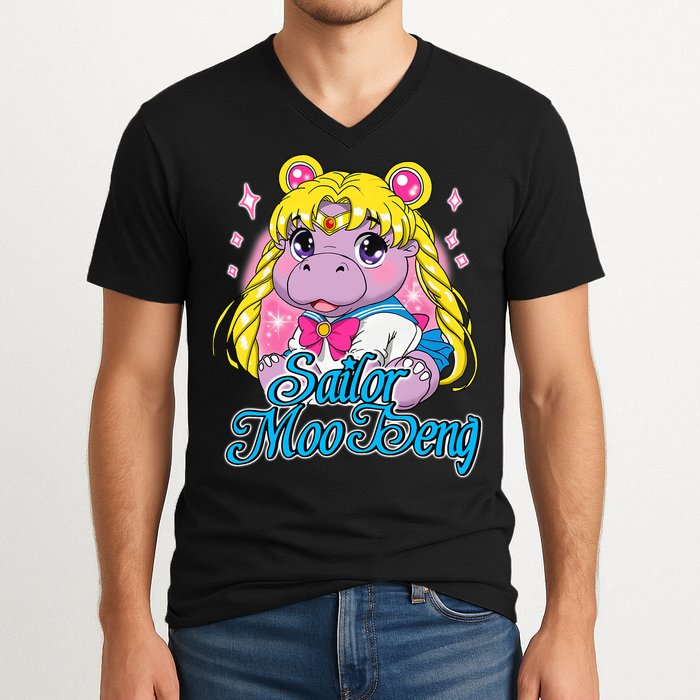 Sailor Moo Deng Funny Hippo Moo Deng Cute V-Neck T-Shirt
