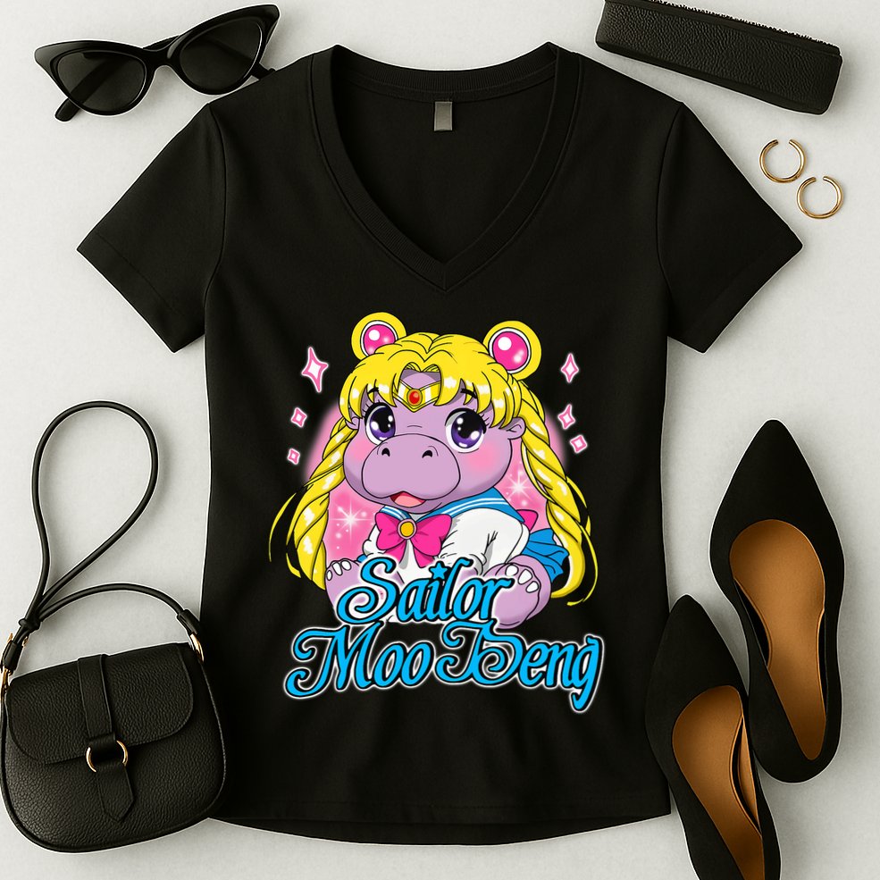 Sailor Moo Deng Funny Hippo Moo Deng Cute Women's V-Neck T-Shirt