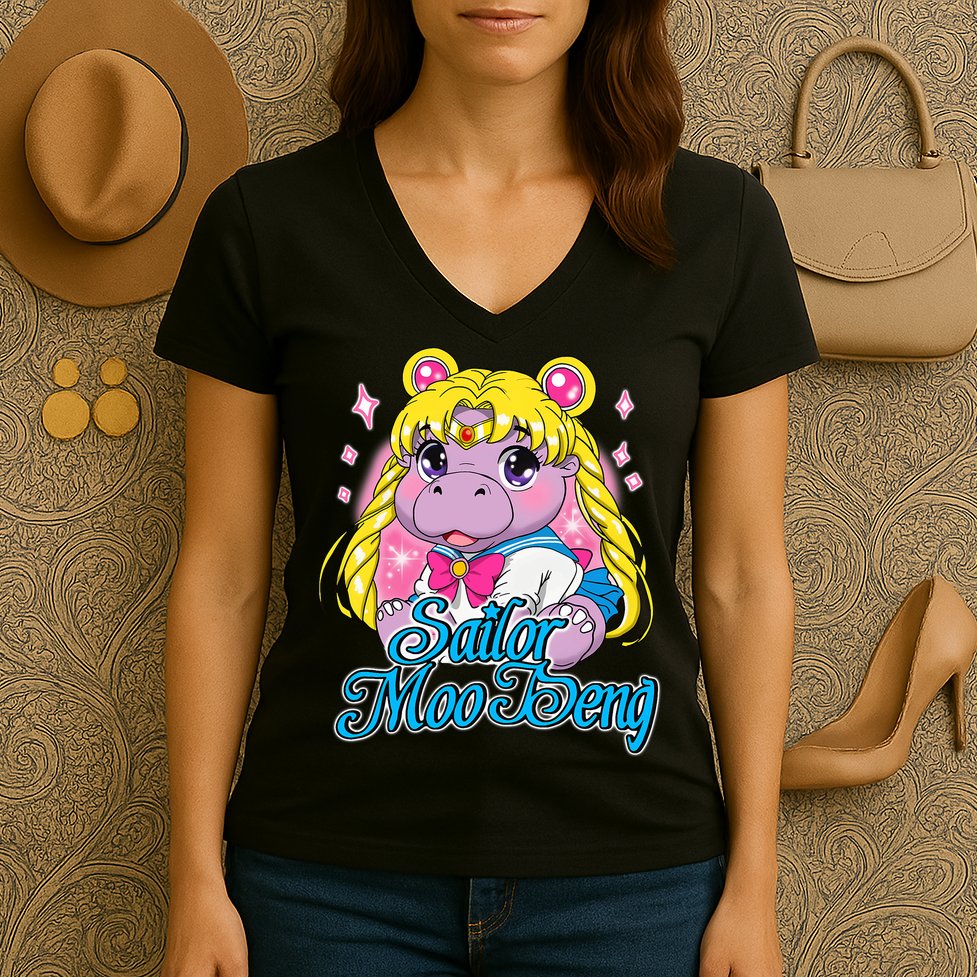 Sailor Moo Deng Funny Hippo Moo Deng Cute Women's V-Neck T-Shirt