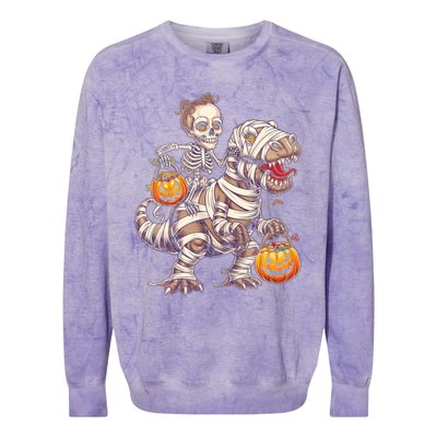 Skeleton Mummy Dinosaur Halloween Pumpkin Trick Treat Funny Gift Colorblast Crewneck Sweatshirt