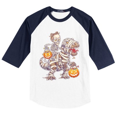 Skeleton Mummy Dinosaur Halloween Pumpkin Trick Treat Funny Gift Baseball Sleeve Shirt