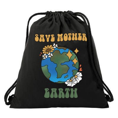 Save Mother Earth Retro Planet Floral Drawstring Bag