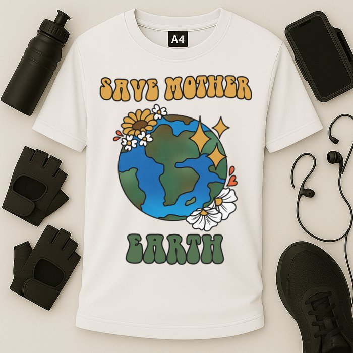 Save Mother Earth Retro Planet Floral Cooling Performance Crew T-Shirt