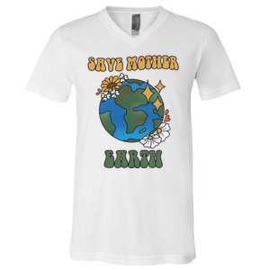 Save Mother Earth Retro Planet Floral V-Neck T-Shirt