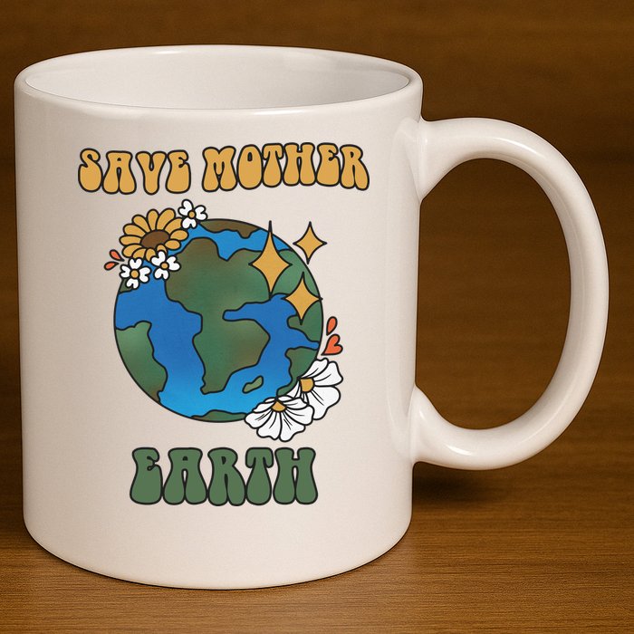 Save Mother Earth Retro Planet Floral 11oz C Handle Ceramic Mug