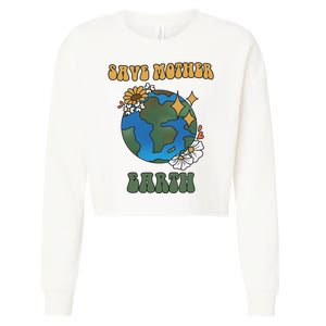 Save Mother Earth Retro Planet Floral Cropped Pullover Crew