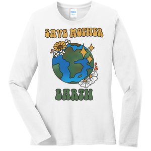 Save Mother Earth Retro Planet Floral Ladies Long Sleeve Shirt