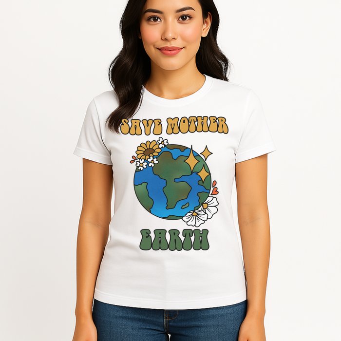 Save Mother Earth Retro Planet Floral Womens T-Shirt