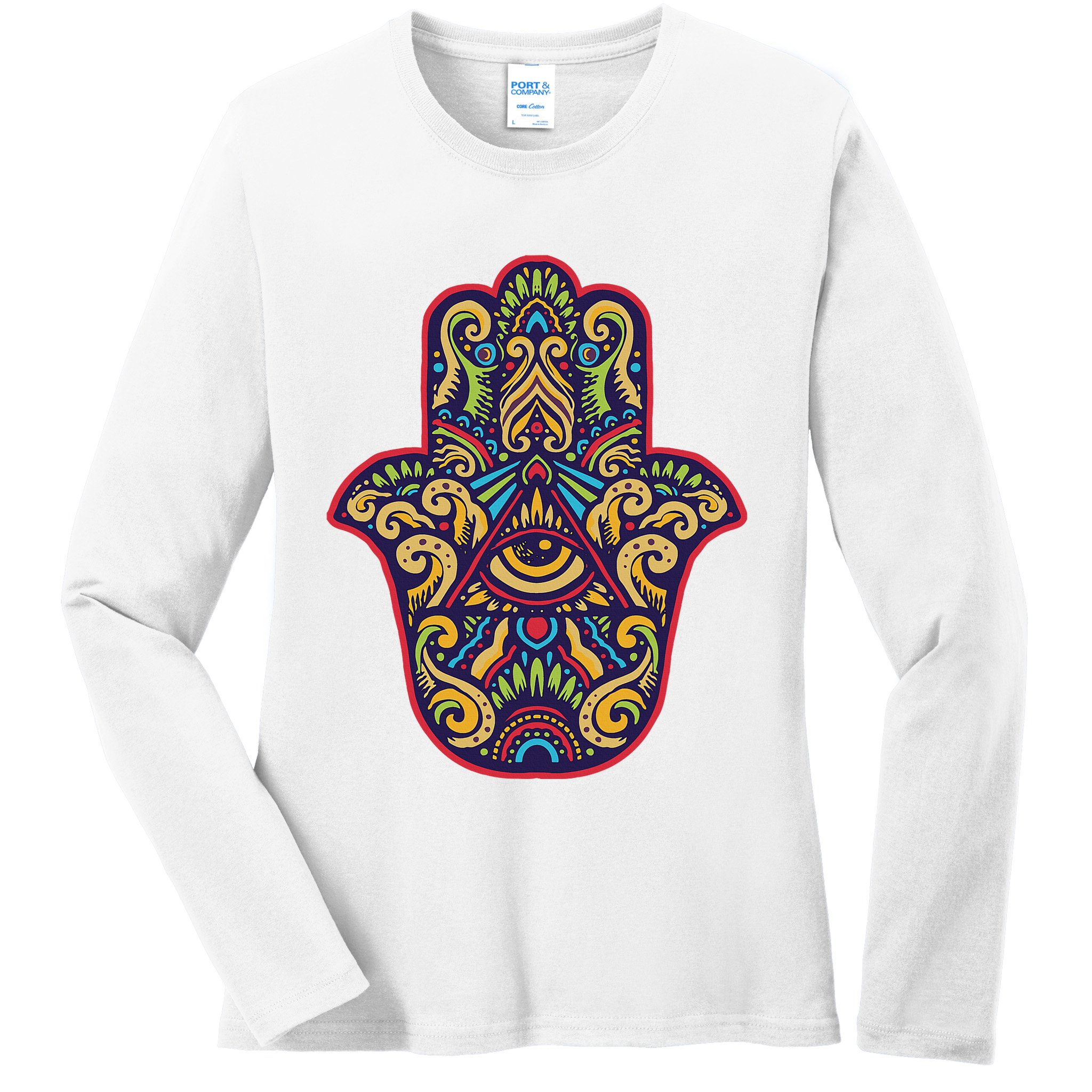 Spiritual Mystic Eye Third Eye All Seeing Eye Hamsa Hand Ladies Long Sleeve Shirt