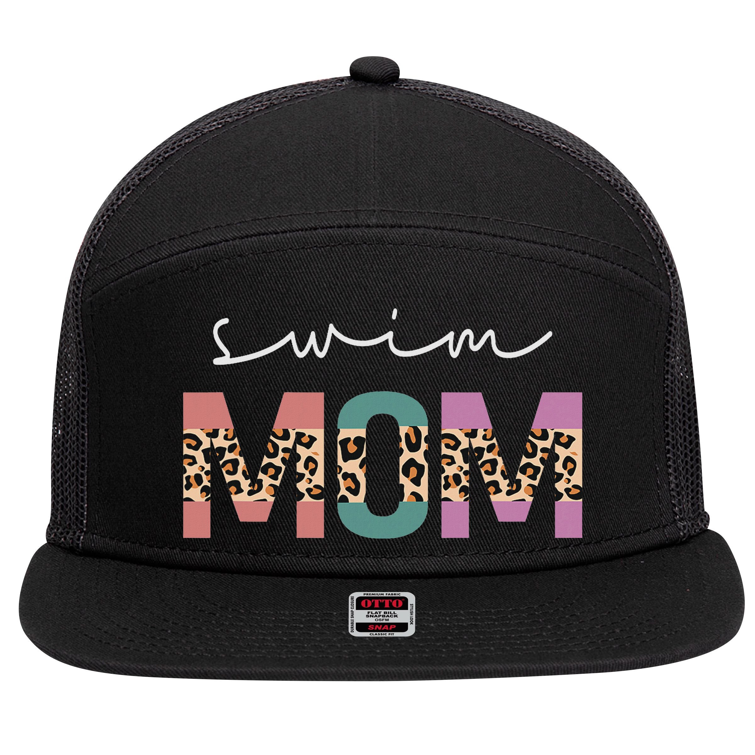 Swim Mom Funny Swimmer Swimming Lover Gift Leopard 7 Panel Mesh Trucker Snapback Hat