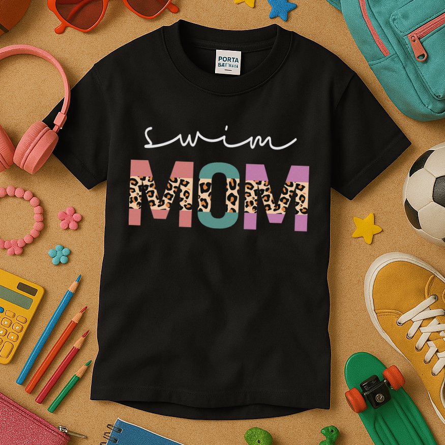 Swim Mom Funny Swimmer Swimming Lover Gift Leopard Kids T-Shirt
