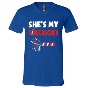 Shes My Firecracker Meaningful Gift 4th Of July Matching Couples Cute Gift V-Neck T-Shirt