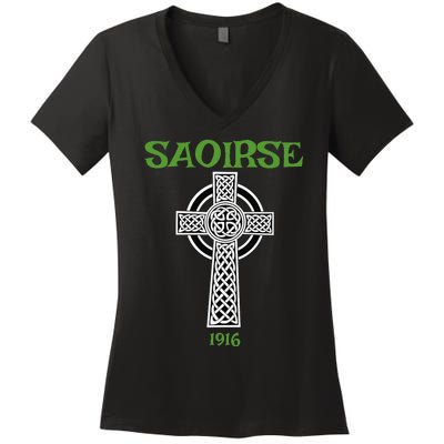 Saoirse meaning Freedom Irish Republican With Celtic Cross Women's V-Neck T-Shirt