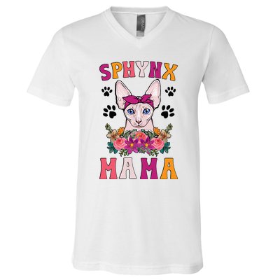 Sphynx Mama Flowers Sphynx Owner Sphynx Cat Mom Sphynx Girl V-Neck T-Shirt