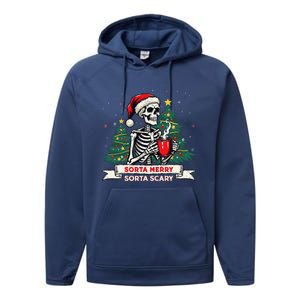 Sorta Merry Funny Skeleton Christmas Xmas Tree Coffee Lovers Performance Fleece Hoodie