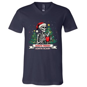 Sorta Merry Funny Skeleton Christmas Xmas Tree Coffee Lovers V-Neck T-Shirt