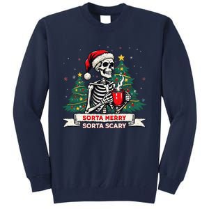 Sorta Merry Funny Skeleton Christmas Xmas Tree Coffee Lovers Tall Sweatshirt