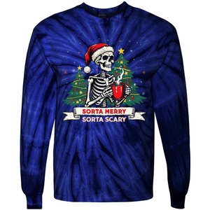 Sorta Merry Funny Skeleton Christmas Xmas Tree Coffee Lovers Tie-Dye Long Sleeve Shirt