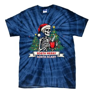 Sorta Merry Funny Skeleton Christmas Xmas Tree Coffee Lovers Tie-Dye T-Shirt