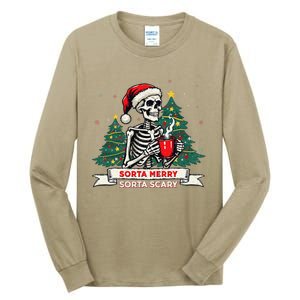 Sorta Merry Funny Skeleton Christmas Xmas Tree Coffee Lovers Tall Long Sleeve T-Shirt