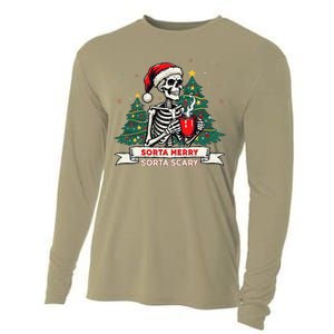 Sorta Merry Funny Skeleton Christmas Xmas Tree Coffee Lovers Cooling Performance Long Sleeve Crew