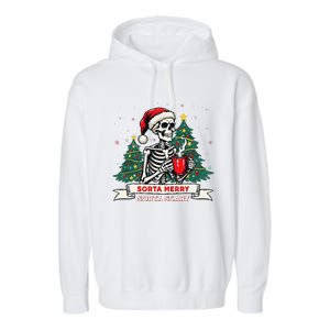 Sorta Merry Funny Skeleton Christmas Xmas Tree Coffee Lovers Garment-Dyed Fleece Hoodie