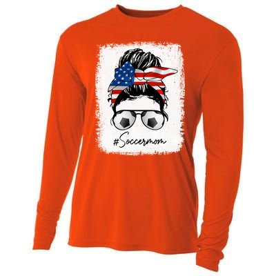 Soccer Mom Gift American Flag Messy Bun Soccer Mom Gift Cooling Performance Long Sleeve Crew