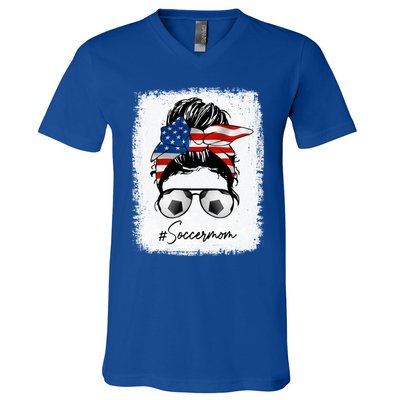 Soccer Mom Gift American Flag Messy Bun Soccer Mom Gift V-Neck T-Shirt