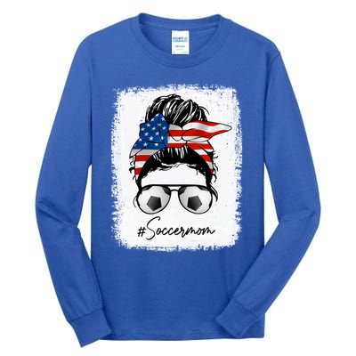 Soccer Mom Gift American Flag Messy Bun Soccer Mom Gift Tall Long Sleeve T-Shirt