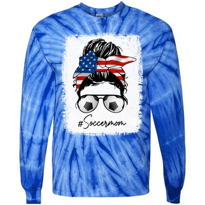 Soccer Mom Gift American Flag Messy Bun Soccer Mom Gift Tie-Dye Long Sleeve Shirt