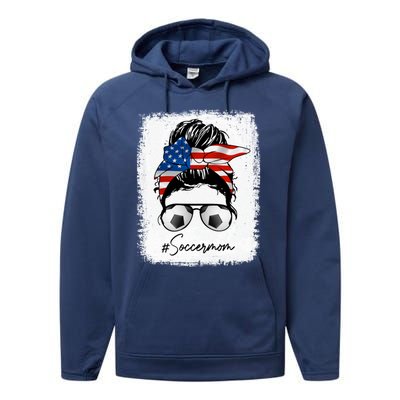 Soccer Mom Gift American Flag Messy Bun Soccer Mom Gift Performance Fleece Hoodie