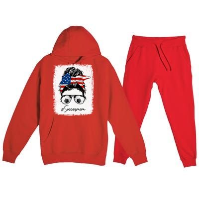 Soccer Mom Gift American Flag Messy Bun Soccer Mom Gift Premium Hooded Sweatsuit Set