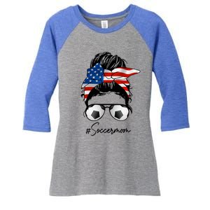 Soccer Mom Gift American Flag Messy Bun Soccer Mom Great Gift Women's Tri-Blend 3/4-Sleeve Raglan Shirt