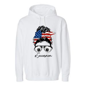 Soccer Mom Gift American Flag Messy Bun Soccer Mom Great Gift Garment-Dyed Fleece Hoodie